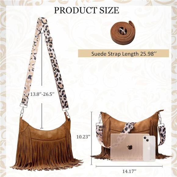 Women Faux Suede Fringed Purse Hobo Bag Tassel Crossbody with Double Long Straps - Picture 3 of 7